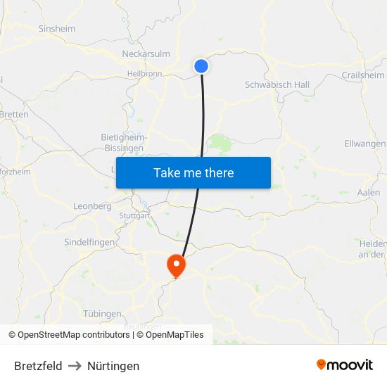 Bretzfeld to Nürtingen map