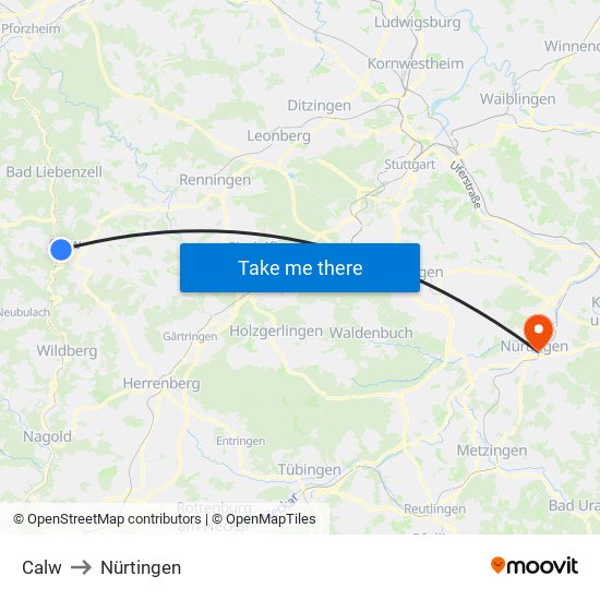 Calw to Nürtingen map