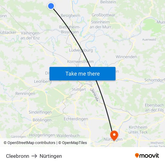 Cleebronn to Nürtingen map