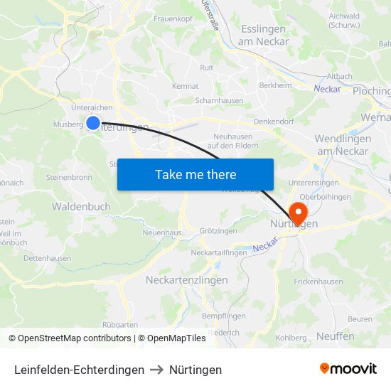 Leinfelden-Echterdingen to Nürtingen map