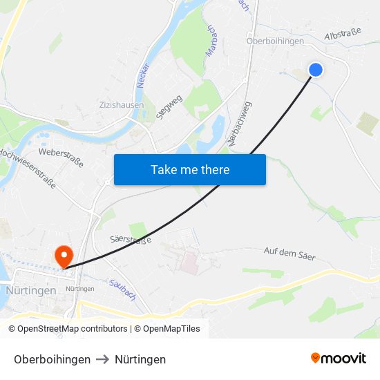 Oberboihingen to Nürtingen map