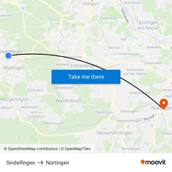 Sindelfingen to Nürtingen map