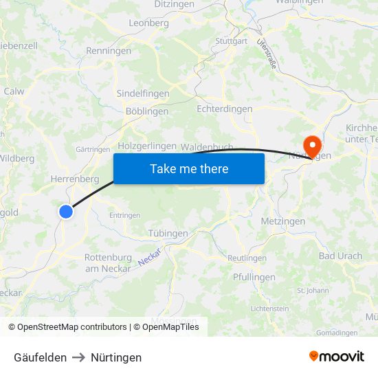 Gäufelden to Nürtingen map