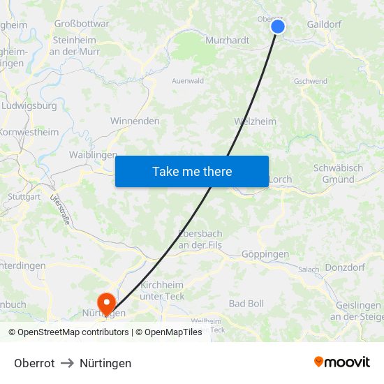 Oberrot to Nürtingen map