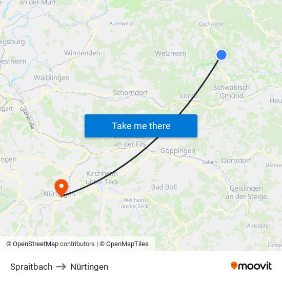 Spraitbach to Nürtingen map