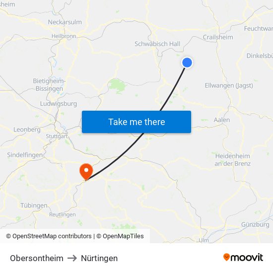 Obersontheim to Nürtingen map