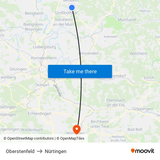 Oberstenfeld to Nürtingen map