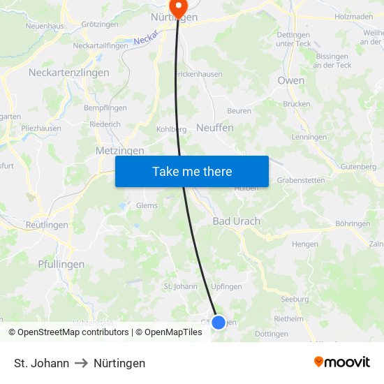 St. Johann to Nürtingen map