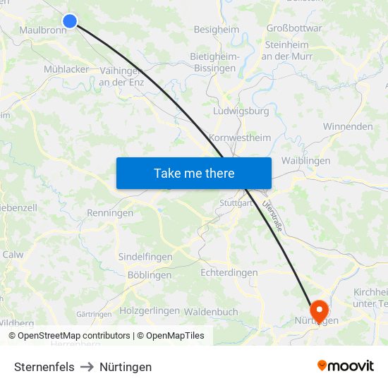 Sternenfels to Nürtingen map