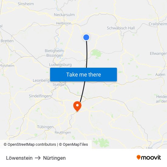 Löwenstein to Nürtingen map