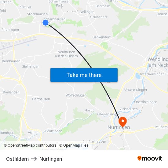 Ostfildern to Nürtingen map