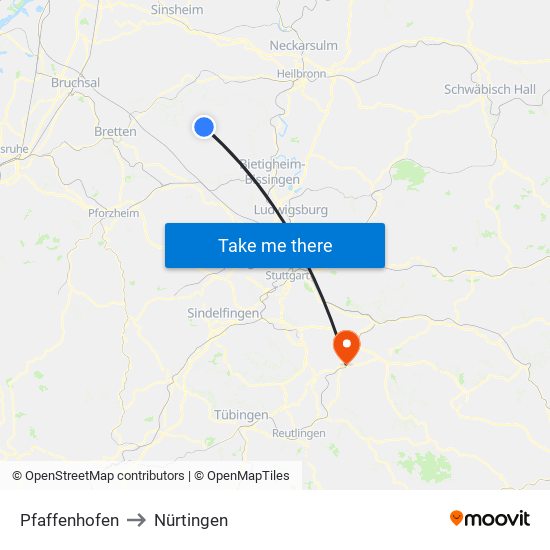 Pfaffenhofen to Nürtingen map