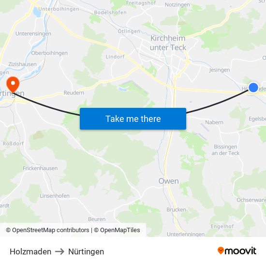 Holzmaden to Nürtingen map