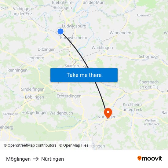 Möglingen to Nürtingen map