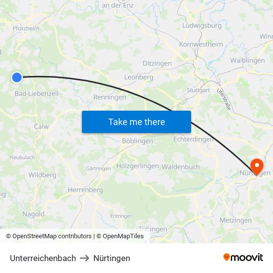 Unterreichenbach to Nürtingen map