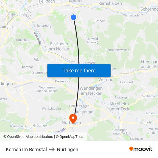 Kernen Im Remstal to Nürtingen map