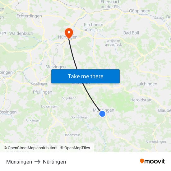 Münsingen to Nürtingen map