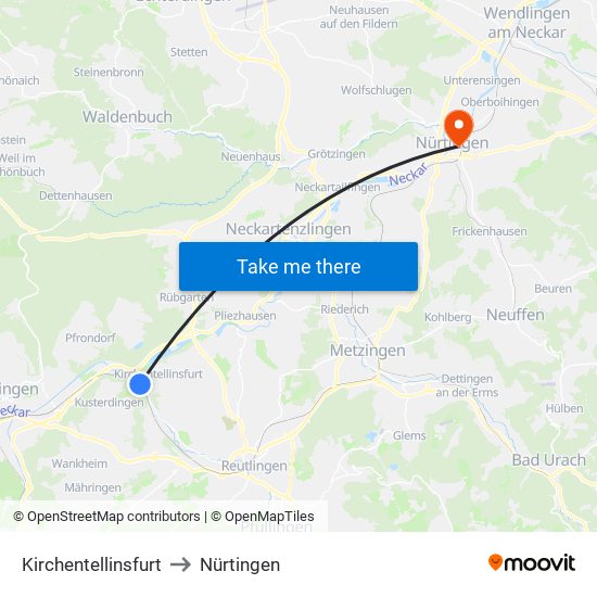 Kirchentellinsfurt to Nürtingen map