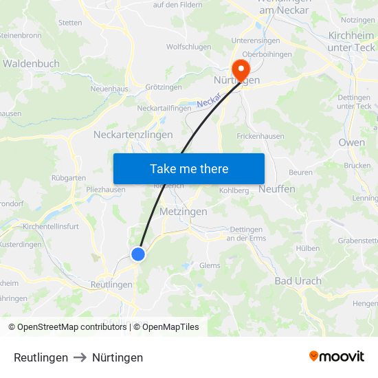 Reutlingen to Nürtingen map