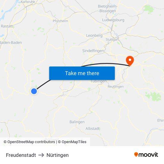 Freudenstadt to Nürtingen map