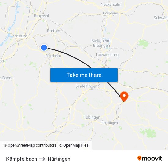 Kämpfelbach to Nürtingen map