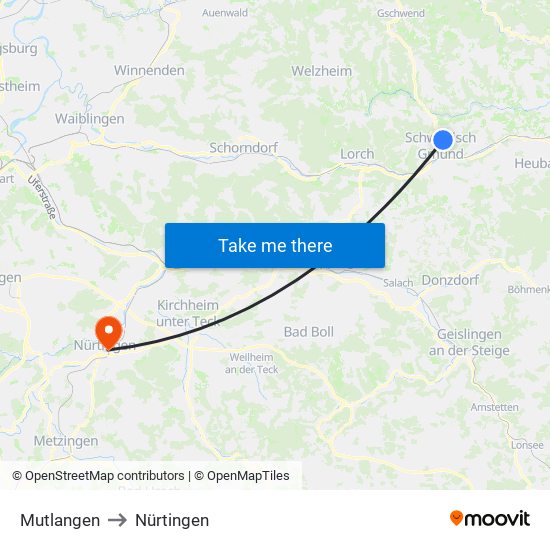 Mutlangen to Nürtingen map