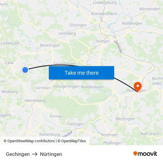 Gechingen to Nürtingen map