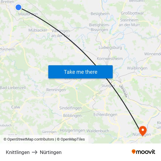 Knittlingen to Nürtingen map