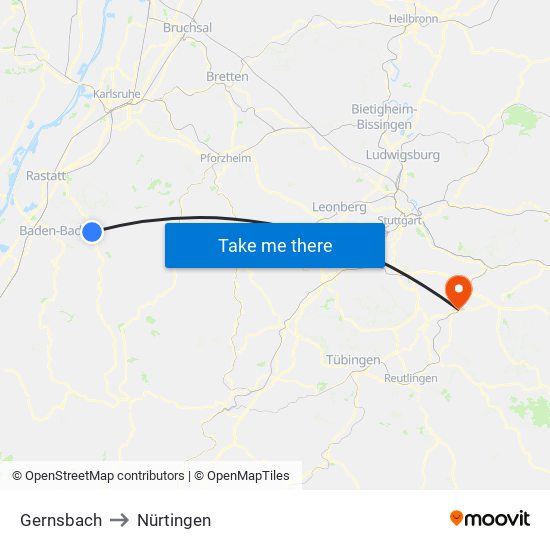 Gernsbach to Nürtingen map