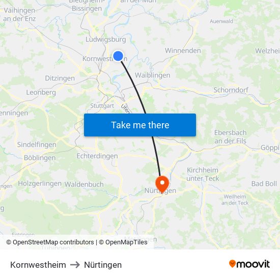 Kornwestheim to Nürtingen map
