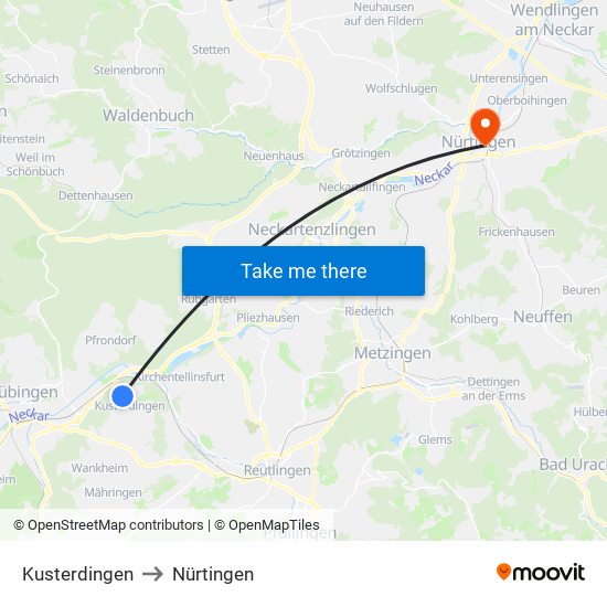 Kusterdingen to Nürtingen map