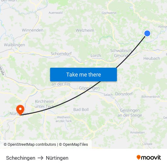 Schechingen to Nürtingen map