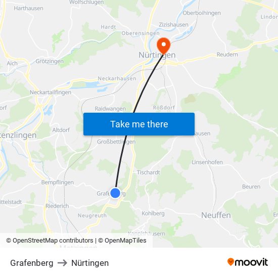 Grafenberg to Nürtingen map