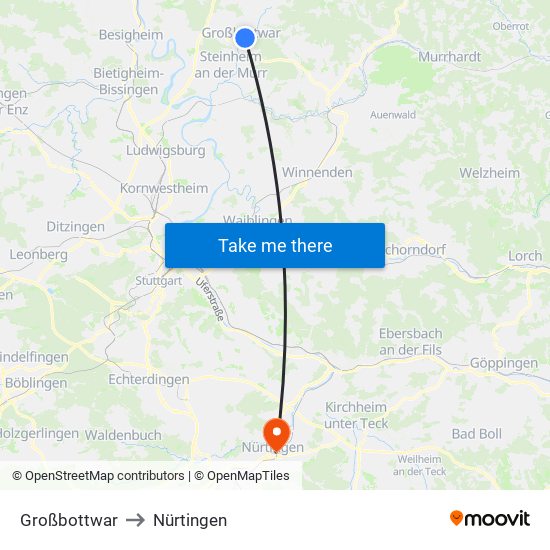 Großbottwar to Nürtingen map