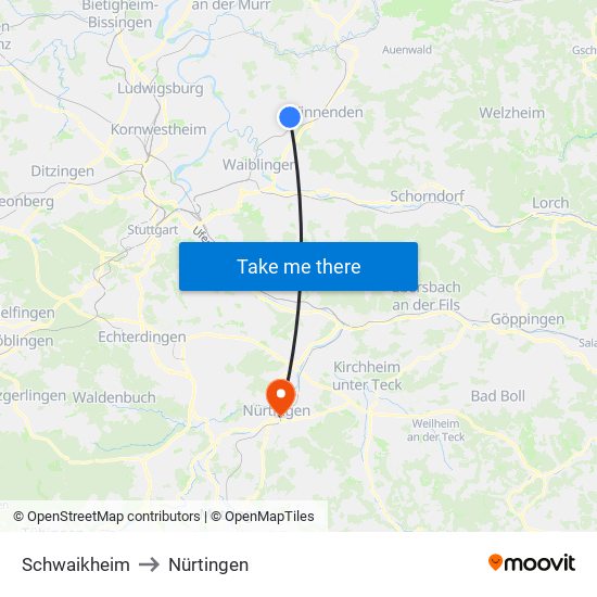 Schwaikheim to Nürtingen map