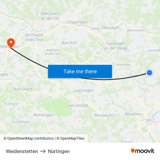 Weidenstetten to Nürtingen map