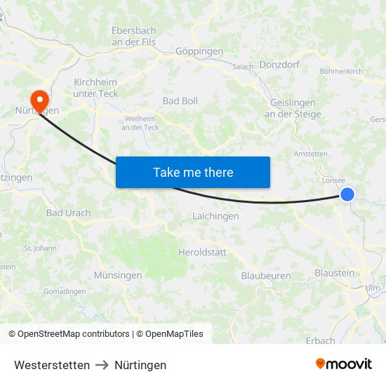 Westerstetten to Nürtingen map