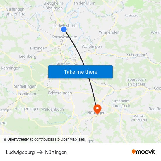 Ludwigsburg to Nürtingen map