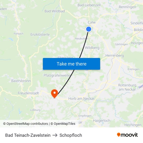 Bad Teinach-Zavelstein to Schopfloch map