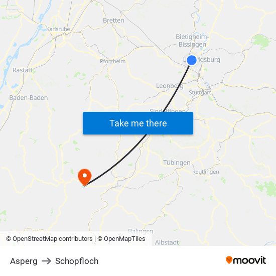 Asperg to Schopfloch map
