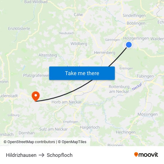 Hildrizhausen to Schopfloch map