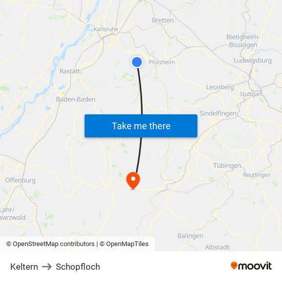 Keltern to Schopfloch map