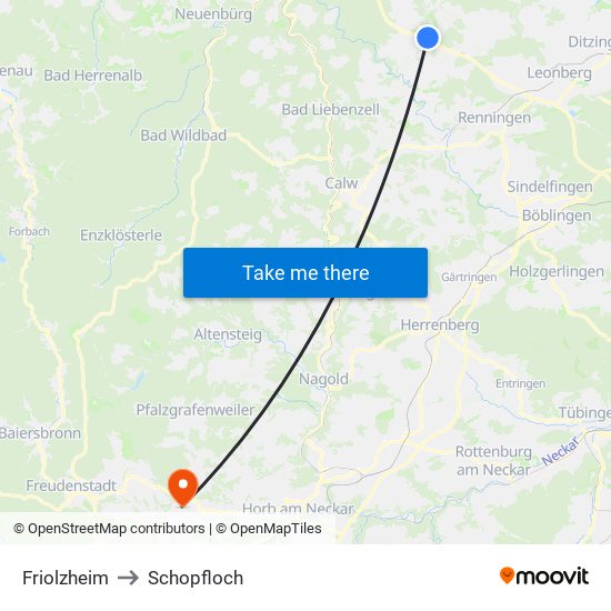 Friolzheim to Schopfloch map