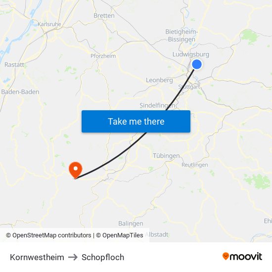 Kornwestheim to Schopfloch map