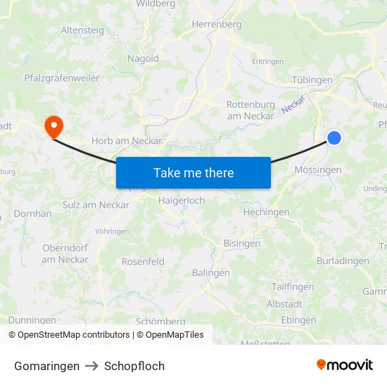 Gomaringen to Schopfloch map