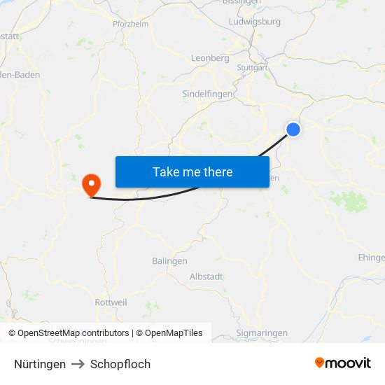 Nürtingen to Schopfloch map