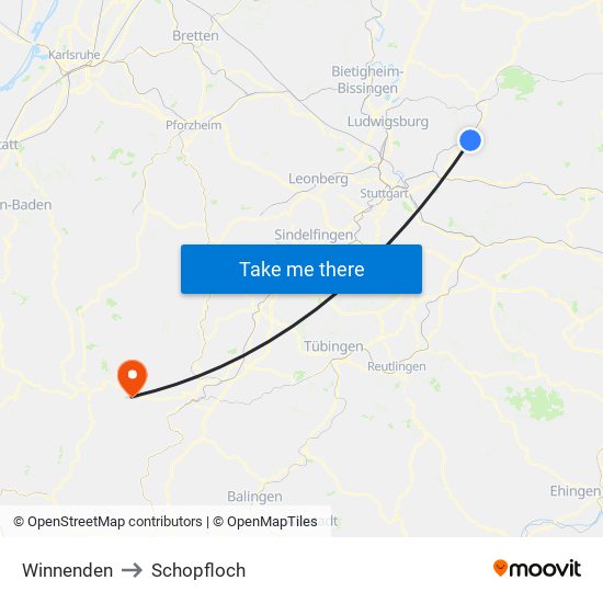 Winnenden to Schopfloch map