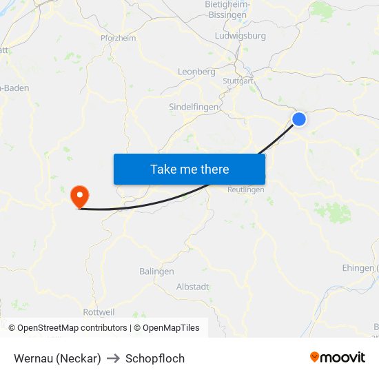 Wernau (Neckar) to Schopfloch map
