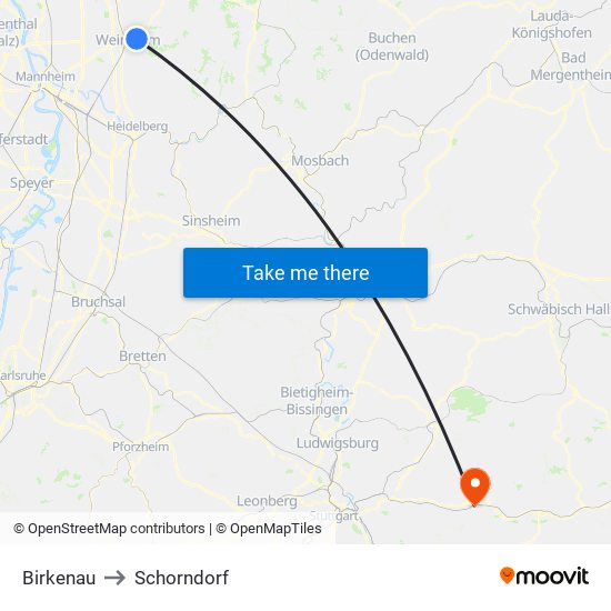 Birkenau to Schorndorf map