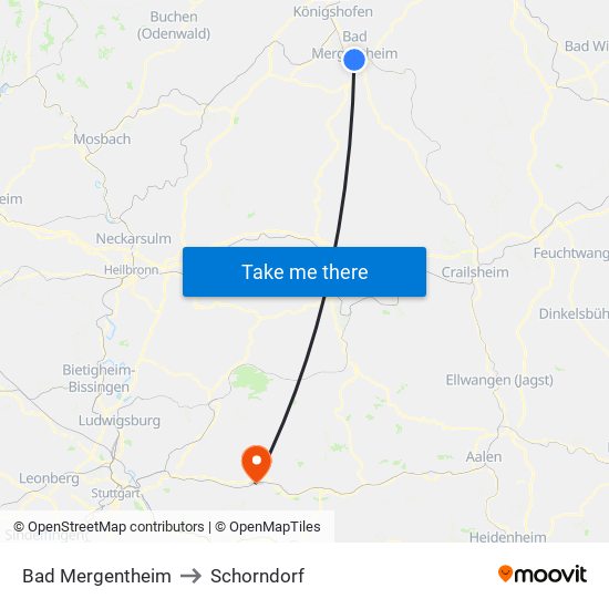 Bad Mergentheim to Schorndorf map